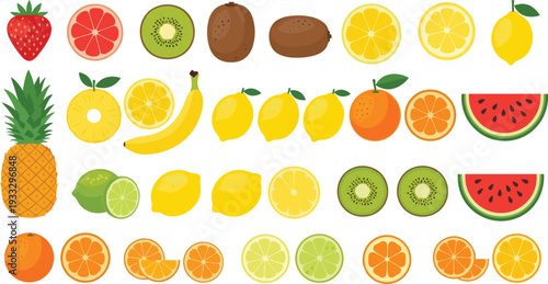 Large Set of Flat Vector Fruit Icons Featuring Pineapple, Watermelon, Strawberry, Lemon, Lime, Kiwi, Orange, and Banana for Healthy Food Design