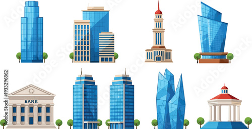 Set of modern city buildings bank skyscrapers and architectural landmarks isolated on white background for urban landscape design and infographic elements