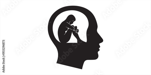 A realistic image showing a person sitting with their head slightly bowed, with a transparent or partially visible silhouette of a human brain around their