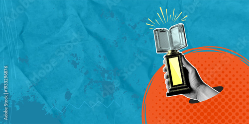 A trendy halftone collage in a pop art style. A hand holds an open crystal book on a pedestal. Rays of sunlight illuminate the trophy; symbolizing learning achievement.