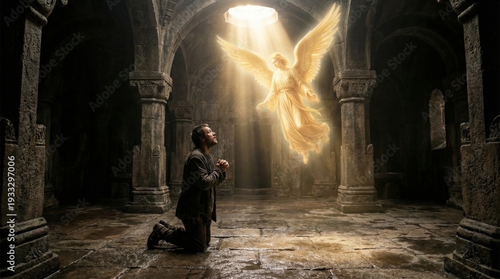 Obraz premium Man praying to an angel in a dark ancient church. Religious vision and divine intervention. Christian faith and spiritual guidance.
