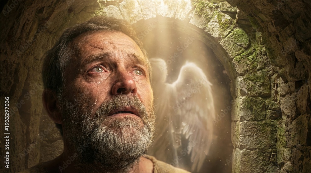 Naklejka premium Grieving man with tears on his face looking up at an angelic figure and light in a dark cave, seeking comfort in faith.