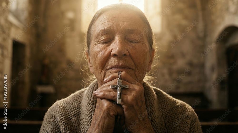 Fototapeta premium Old woman praying in a church with a crucifix in her hands. Concept of faith, religion, catholic, Christianity. For religious publication.