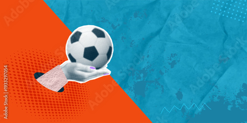 A trendy halftone pop art collage depicting a woman's hand holding a soccer ball. Football match concept. Vector illustration.