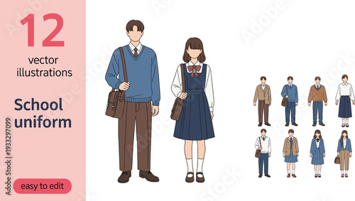 Set of School Uniform Vector Illustrations featuring High School Students, Boy and Girl in Blazers, Sweaters, Skirts, Trousers, and Bags