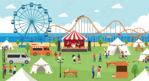 Summer Outdoor Music Festival featuring Ferris Wheel, Roller Coaster, Carnival Tents, Food Truck, Live Concert Stage, People Dancing, and Beachside Fun,
