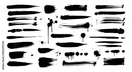 Brush strokes grunge set with black paint swashes, ink splatters, and dry textures featuring rough