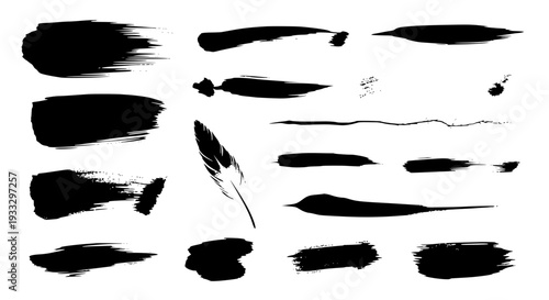 Brush strokes hand drawn set with black ink textures and grunge effects featuring artistic,