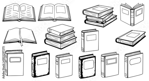 Books illustration set with various styles and formats featuring reading, knowledge, education