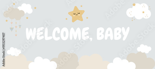 Delicate banner for a baby with light clouds and stars in the sky