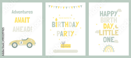 Set of festive cards and invitations for a child's birthday with a small racing car