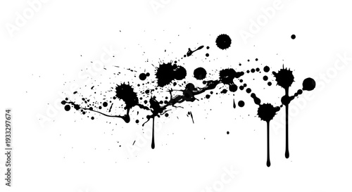 Ink splatter grunge brush strokes with dripping paint drops isolated on white background