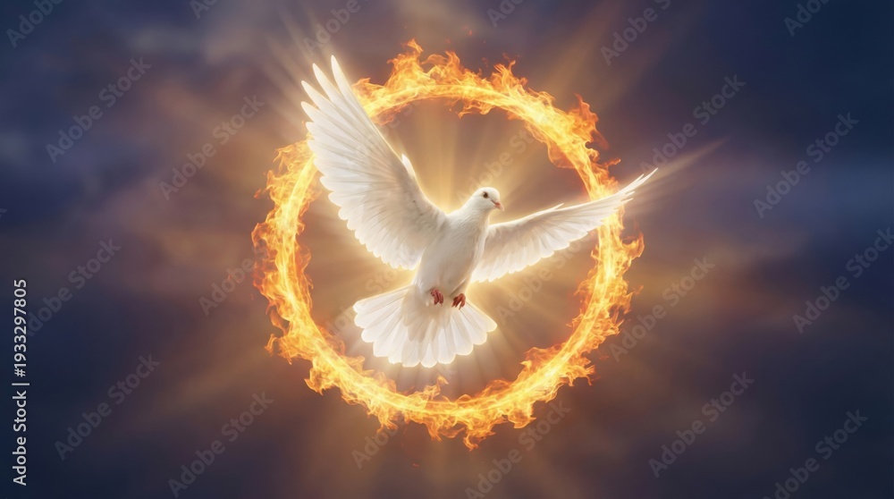 Naklejka premium White dove flying with fiery circle. Holy Spirit concept. Religious symbol for Pentecost, Baptism, New year.