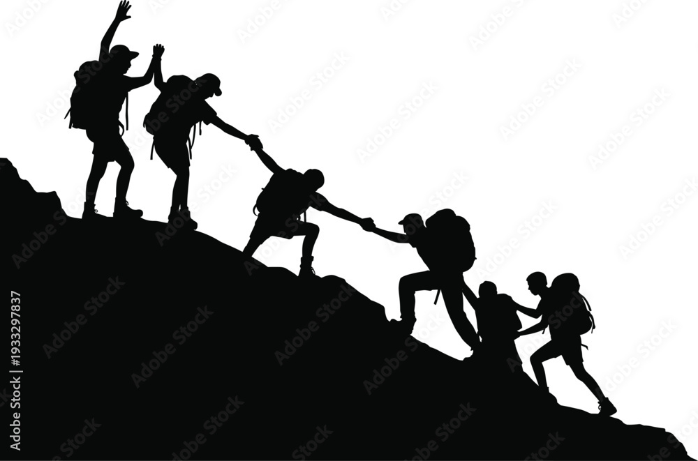 Obraz premium Silhouette of hikers climbing mountain helping each other on steep slope isolated on white background teamwork adventure and leadership concept illustration
