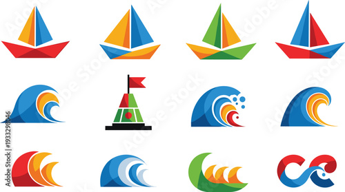 Vibrant Nautical Icon Set featuring Origami Paper Boats, Ocean Waves, Sailing Yachts, Maritime Buoys, Infinity Surf Symbols, and Marine Travel Elements