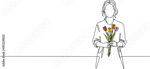 continuous line drawing of woman holding bunch of tulips with both hands, line art vector illustration