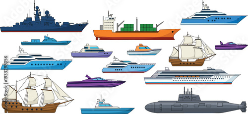 Vessel and Ship Collection featuring Cruise Liner, Submarine, Cargo Ship, Military Warship, Luxury Yachts, Sailboats, Speedboats, and Various Maritime Watercraft,