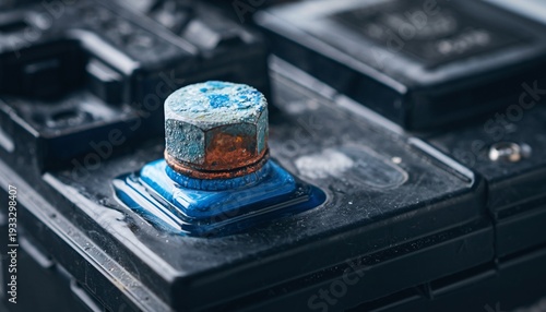 Close-up of a car battery terminal with corrosion on the cap.