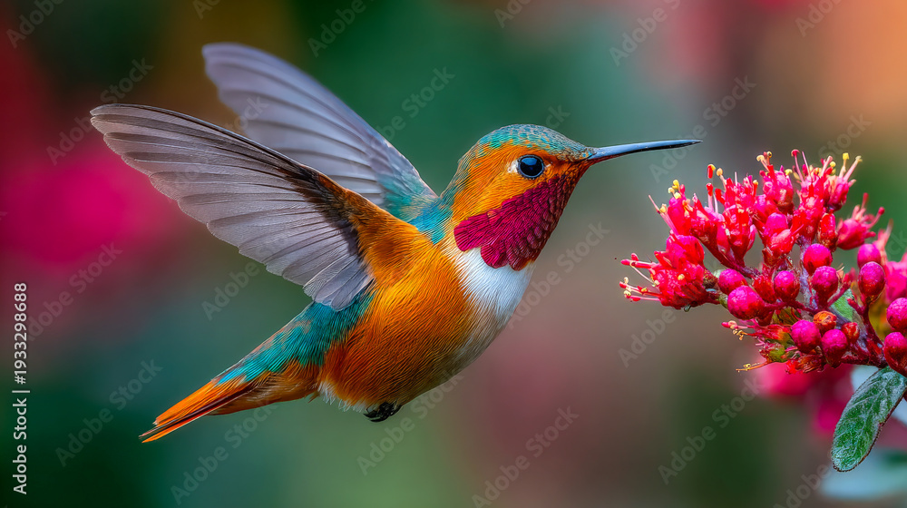 Fototapeta premium Hummingbird hovering near red flower collecting nectar