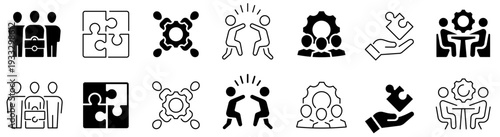 Business teamwork icons. Work group. Team building. Partnership. Team working. Alliance. Human resources. Co-worker. Collaboration. Editable stroke. Vector illustration