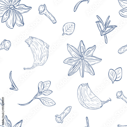 Garlic clove, star anise, dry cloves, oregano. Monochrome botanical seamless pattern drawing of fragrant herbs and spices. Graphic ink vector. Good for decoration of cooking, menu, decor, stickers