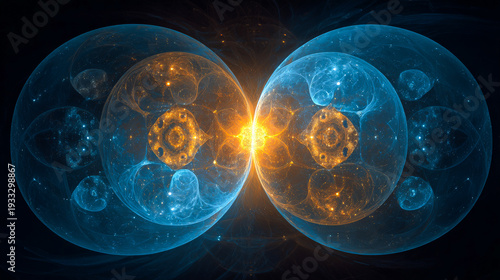 Cosmic energy spheres converging, creating abstract light