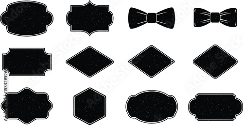 Set of Black Vintage Label Frames and Bow Tie Icons with Distressed Texture Isolated on White Background for Retro Design Graphics