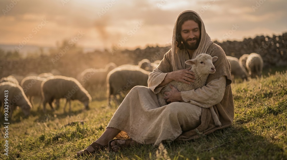 Obraz premium Young man Jesus Christ shepherd with a lamb. Biblical scene of good shepherd with sheep. Christian faith sermon on the mount illustration.