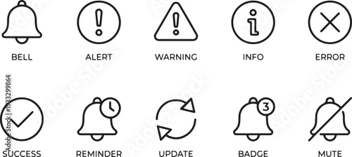A collection of 10 user interface line icons representing notifications, alerts, and status updates, isolated on a white background. Vector