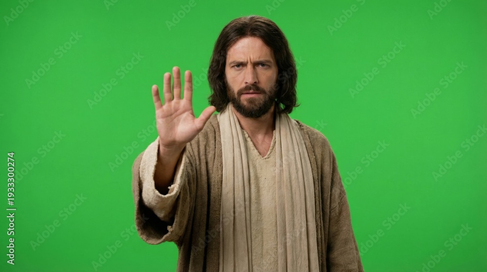 Naklejka premium Jesus Christ man raising hand doing stop gesture on chroma key background. Spiritual teaching and religious guidance. Concept of faith and belief.