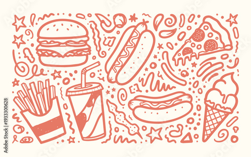Line art doodle of fast food icons including burger pizza hot dog fries and ice cream 