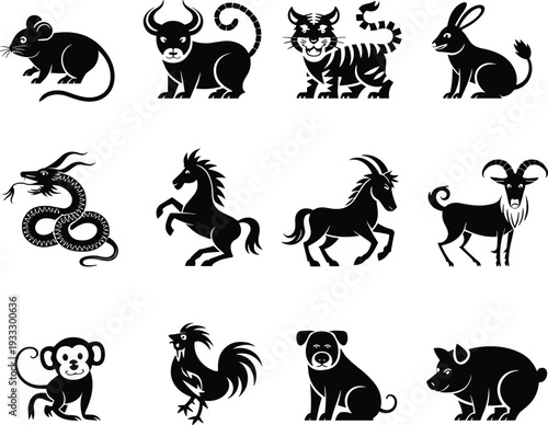 Chinese zodiac animal silhouette icons set featuring rat ox tiger rabbit dragon horse goat monkey rooster dog pig vector illustration