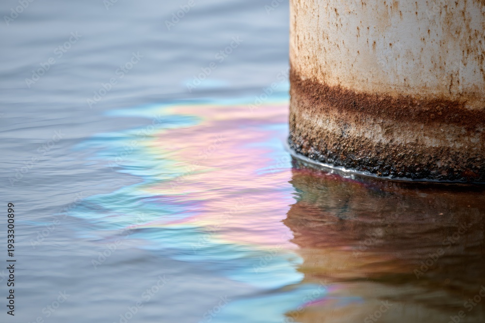 Naklejka premium Iridescent oil slick on water from a rusty industrial pylon. Water pollution and environmental contamination concept. Chemical waste spill background