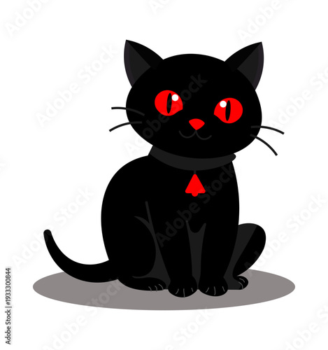 Mysterious black cat with glowing red eyes and spade pendant