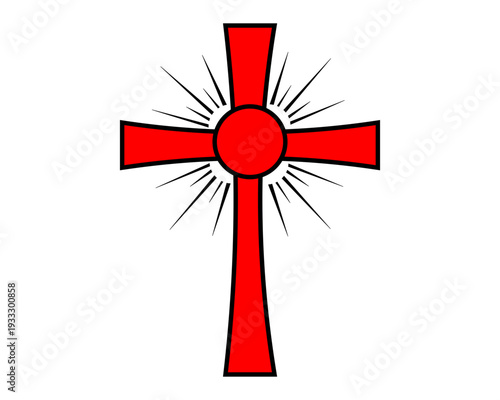 Vibrant red cross symbol with radiant sunburst design