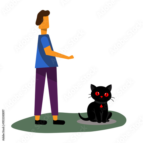 Man interacting with mysterious black cat with glowing red eyes