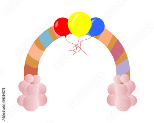 Colorful rainbow with balloons and fluffy clouds in air