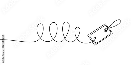 Continuous one line drawing of a price tag on a wavy string