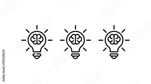 Three light bulbs with brain inside  idea concept simple line icons
