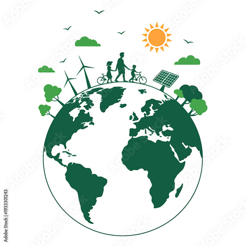 Green earth with family and eco friendly energy sources around globe