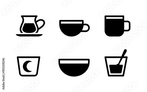 Black silhouettes of various coffee and tea cups and glasses icons