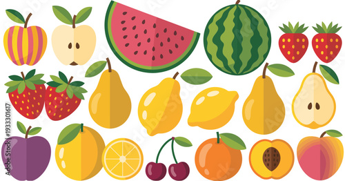 flat design fresh fruit vector set featuring apple, watermelon, strawberry, pear, lemon, and peach, isolated on white background for healthy nutrition, food illustrations, recipe books, menu design, a