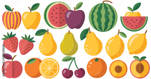 flat design fresh fruit vector set featuring apple, watermelon, strawberry, pear, lemon, and peach, isolated on white background for healthy nutrition, food illustrations, recipe books, menu design, a