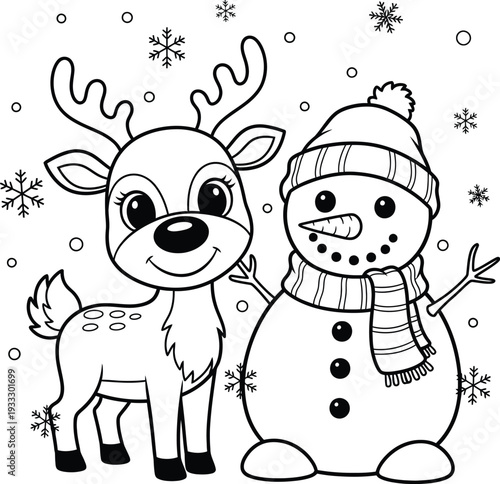 Reindeer and snowman winter friendship scene