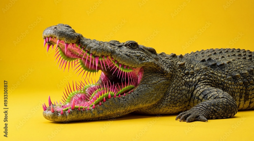 Fototapeta premium Surreal crocodile with a venus flytrap mouth on a bright yellow background