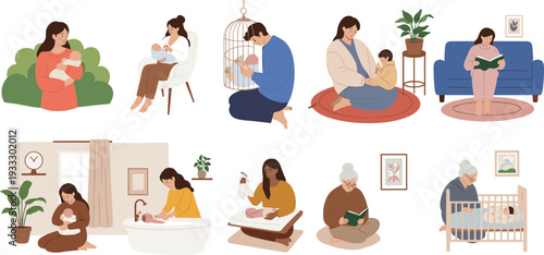 Diverse Parent and Caregiver Set featuring Mothers and Fathers Nursing, Bathing, Reading, and Putting Babies to Sleep in Modern Home,