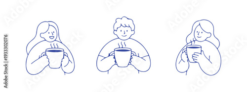 Three cheerful people enjoying hot beverages in a charming doodle style illustration on white