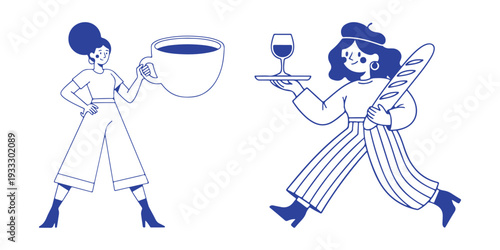 Two stylish women characters holding large coffee cup and carrying baguette with wine tray