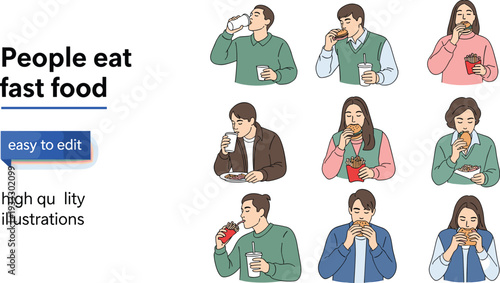 Diverse People Eating Fast Food Set featuring Men and Women Enjoying Burgers, French Fries, Soda Drinks, Casual Dining, and Snacks,