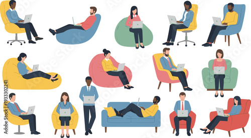 Diverse People Working on Laptops Sitting in Colorful Armchairs Bean Bags and Sofas Representing Remote Work Freelance Lifestyle and Coworking